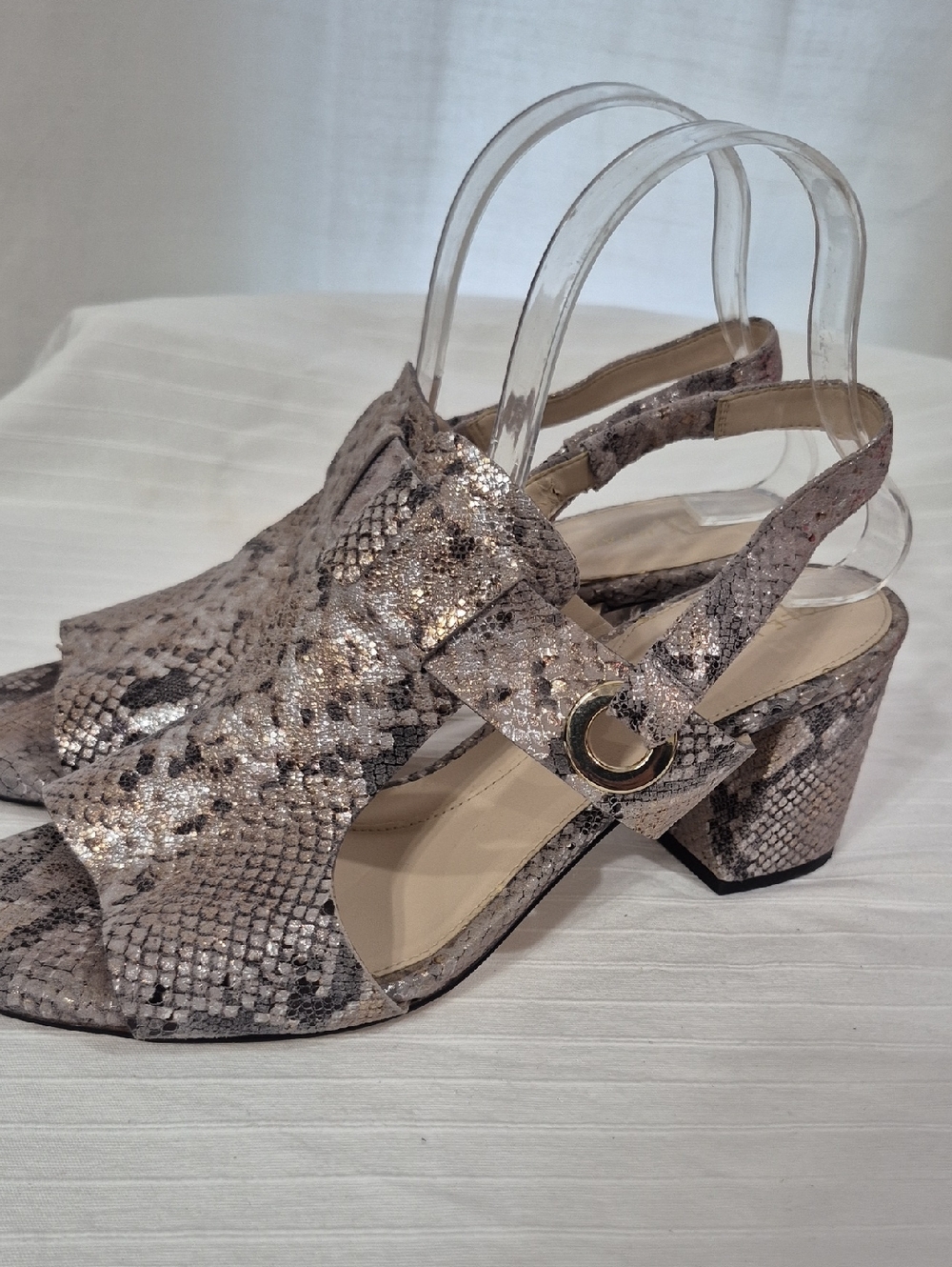 COLE HANN Women's Snake-Print Slingback Block Heel Sandals Size 9.5 - Neutral